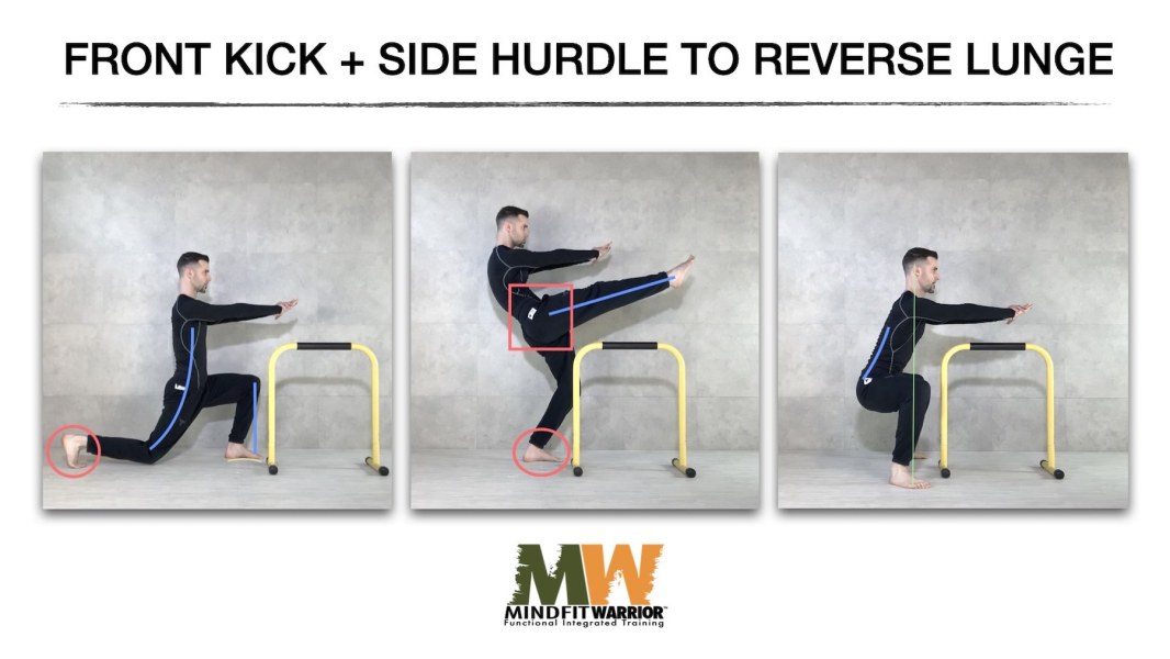 MW Front Kick + Side Hurdle to Reverse Lunge